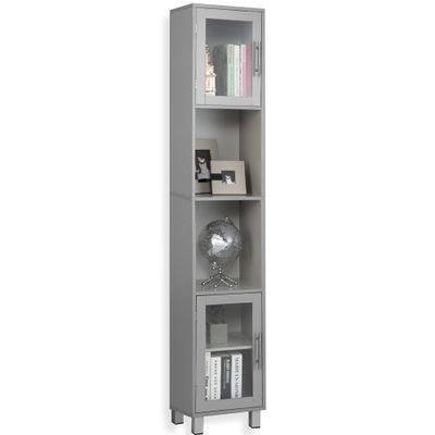 GLACER Bathroom Tall Storage Cabinet, Kitchen Floor Cabinet with 2 Open Shelves and Storage Compartments with Tempered Glass Doors, 13 x 12 x 71 inches (Grey)