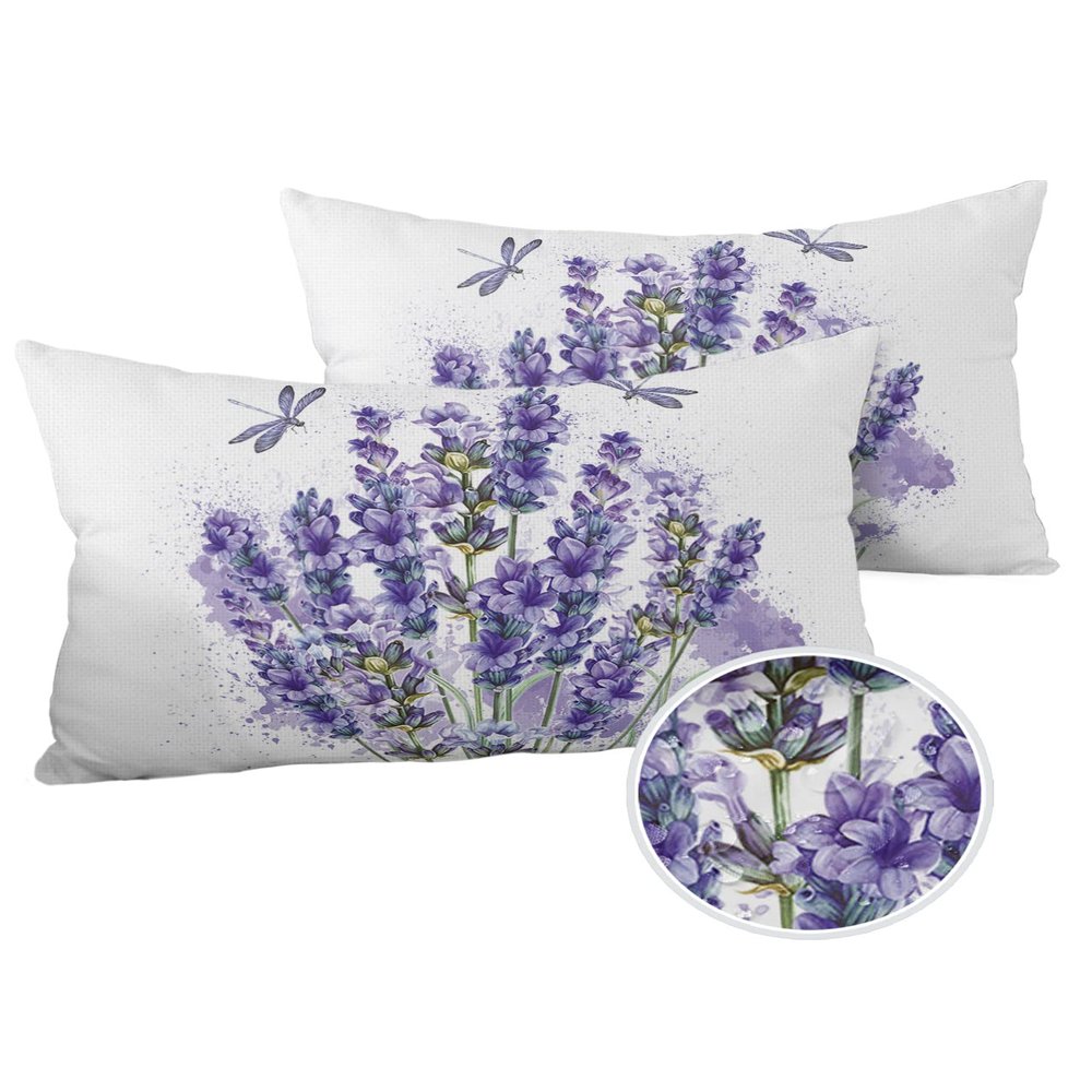Outdoor Throw Pillow Cases Purple Lavender Dragonfly,Waterproof Pillow Cover Soft Pillow Protectors,Farm Watercolor Plant Blooming Flowers Durable Pillowcase for Sofa Couch Seaside Picnic RV Vacation