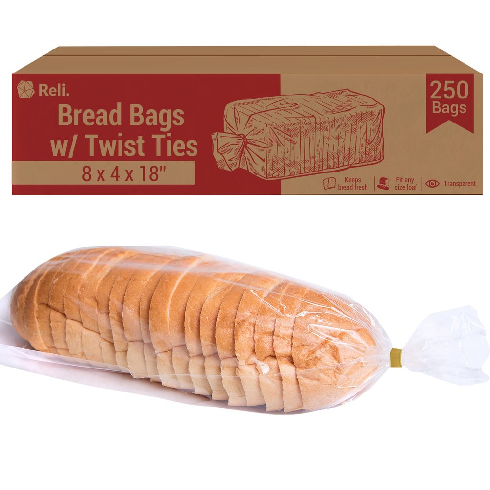 Reli. Bread Bags with Ties | 8 x 4 x 18" | 250 Pack (250 Twist Ties) | Bulk Bags for Homemade Bread, Bakery, Loaf Packing | Clear, Large