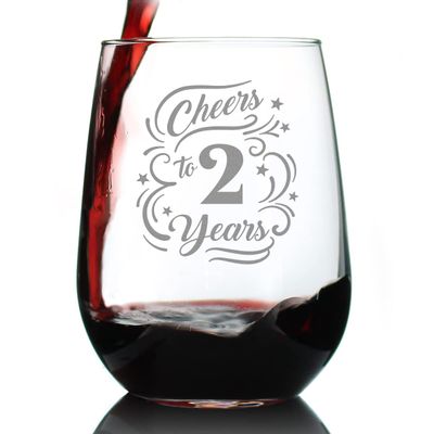 Bevvee Cheers to 2 Years - Stemless Wine Glass Gifts for Women & Men - 2nd Anniversary Party Decor - Large 17 Oz Glasses