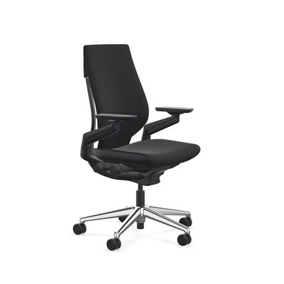 Steelcase Gesture Office Chair - Era Onyx Fabric, High Seat Height, Wrapped Back, Black on Black Frame with Polished Aluminum Base, Lumbar Support, and Hard Floor Casters