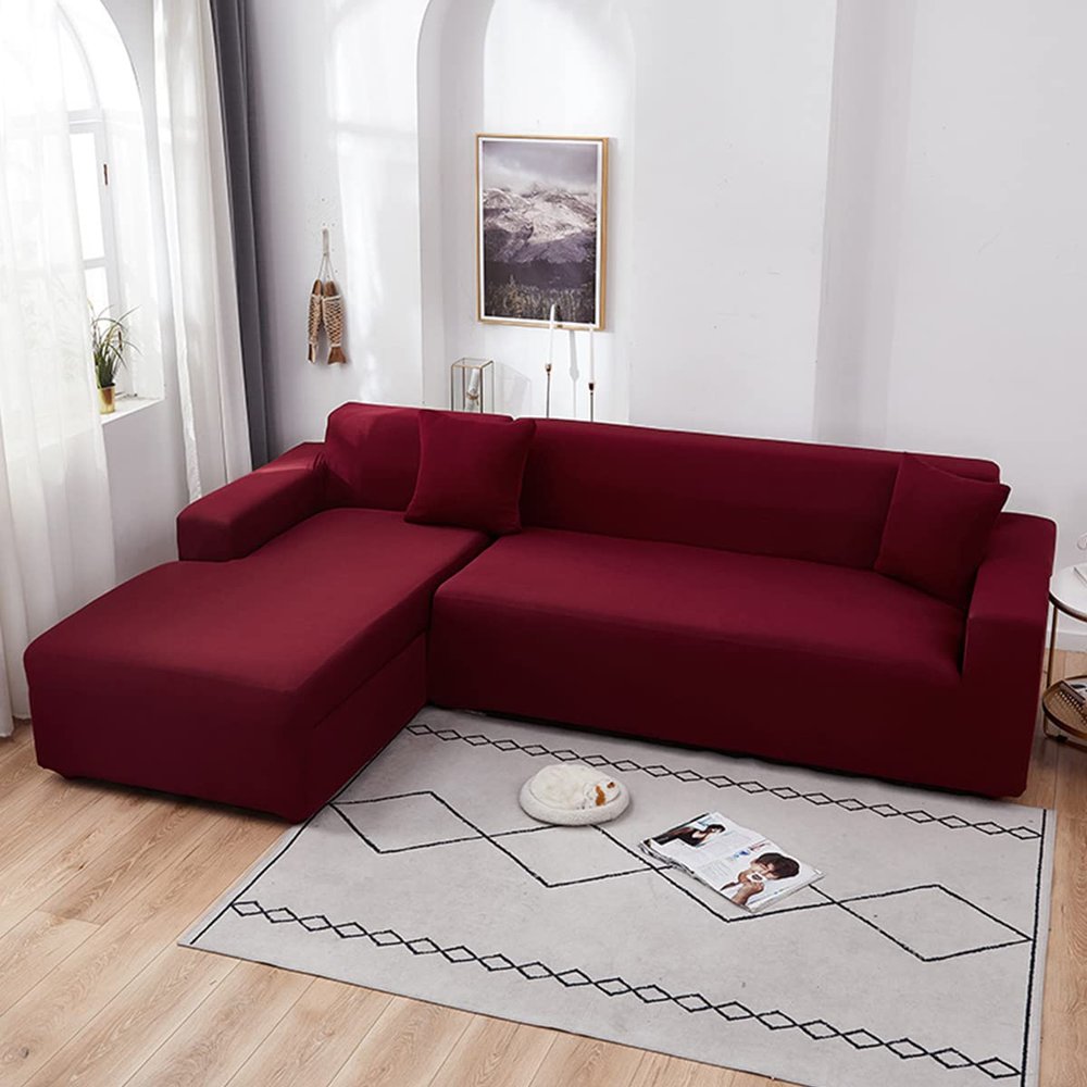 youyoucool Sectional Couch Covers 2pcs L-Shaped Sofa Covers Softness Furniture Slipcovers Polyester Fabric Stretch Couch Covers 4+4 Seater (Burgundy)
