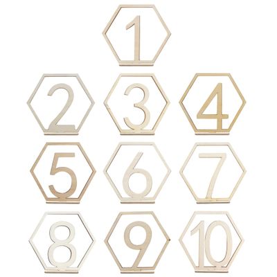 HEVSTIL 10pcs 1-10 Wooden Table Numbers, Wedding Table Numbers with Holder Base Wooden Hexagon Shape Table Numbers for Wedding Reception and Decoration