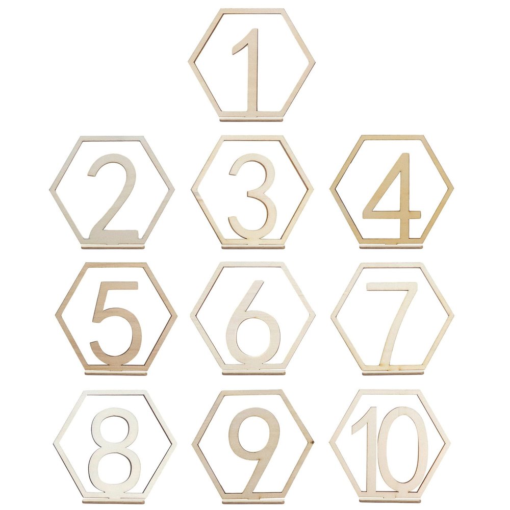 HEVSTIL 10pcs 1-10 Wooden Table Numbers, Wedding Table Numbers with Holder Base Wooden Hexagon Shape Table Numbers for Wedding Reception and Decoration