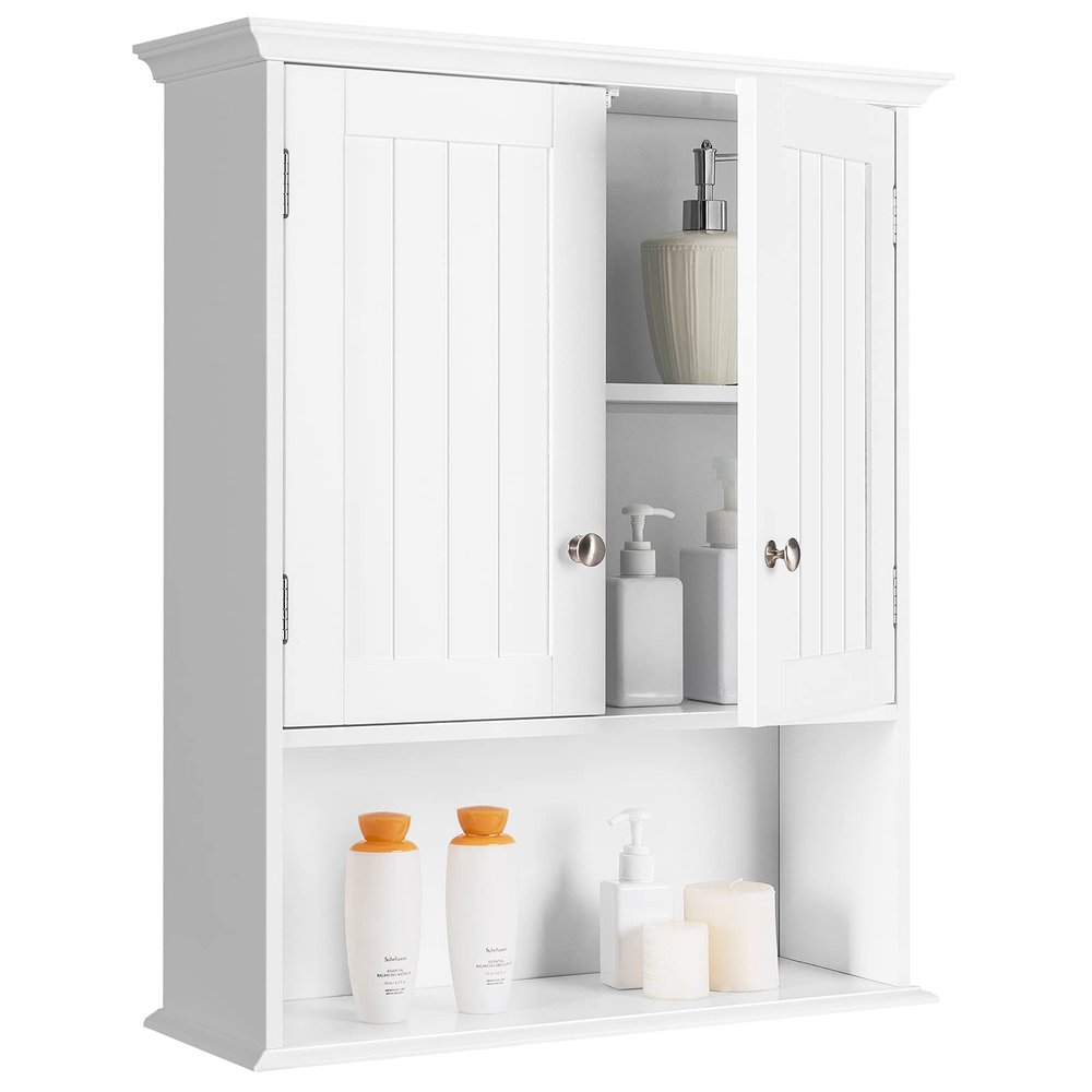 Tangkula Bathroom Wall Cabinet, Wooden Hanging Storage with Doors & Shelves, Multipurpose Wall Mounted Bathroom Medicine Cabinet for Kitchen Living Room