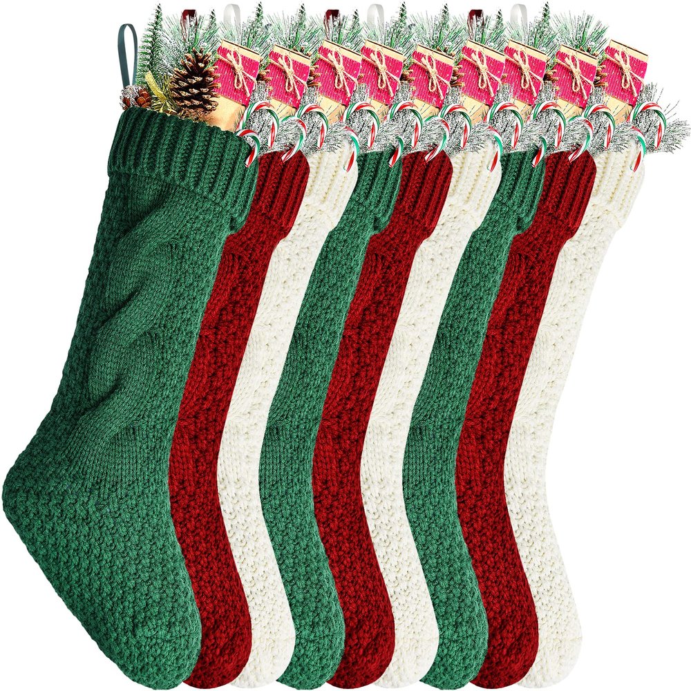 Kunyida Christmas Stockings Bulk, 18 Inches Burgundy, Ivory and Green Cable Knitted Stocking for Xmas Holiday Decoration, 9 Pack