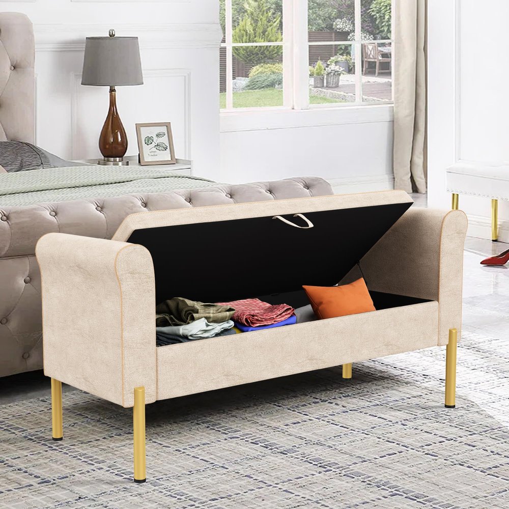 Alunaune Upholstered Storage Bench for Bedroom End of Bench Ottoman, Modern Armed Entryway Bench Settee Long Bedroom Bench Couch for Living Room-Beige