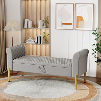Alunaune Upholstered Grey Velvet Storage Bench for Bedroom End of Bench Ottoman, Modern Armed Entryway Bench Settee Long Bedroom Bench Couch for Living Room
