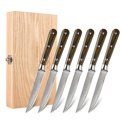 Damascus Serrated Steak Knife Set of 6 with Case, 5 Inch Serrated Steak Knife, 67 Layers Steel Blades Hand-sharpened to 15, Non-slip G10 Ergonomic Triple Rivet Handle for Gift, Natural Wooden Box