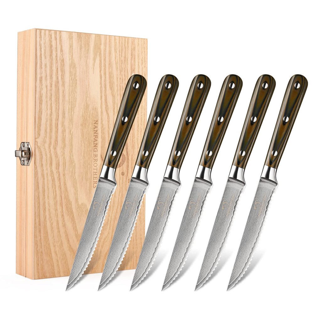 Damascus Serrated Steak Knife Set of 6 with Case, 5 Inch Serrated Steak Knife, 67 Layers Steel Blades Hand-sharpened to 15, Non-slip G10 Ergonomic Triple Rivet Handle for Gift, Natural Wooden Box