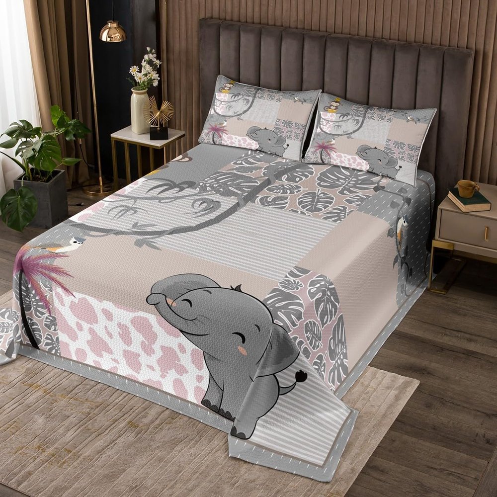 3 Piece Cute Animals Quilt Bedding Set Women Aldult Lightweight Bedding Summer Tropical Bedspread Set Elephant Koala Bedspread Coverlet Soft Microfiber Home Quilt Set for King Bed All Season