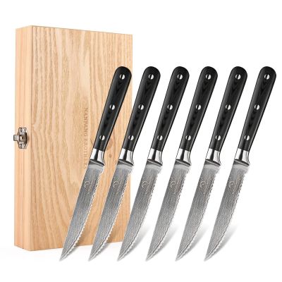 Damascus Serrated Steak Knife Set of 6 with Case, 5 Inch Serrated Steak Knife, 67 Layers Steel Blades Hand-sharpened to 15, Non-slip G10 Ergonomic Triple Rivet Handle for Gift, Natural Wooden Box