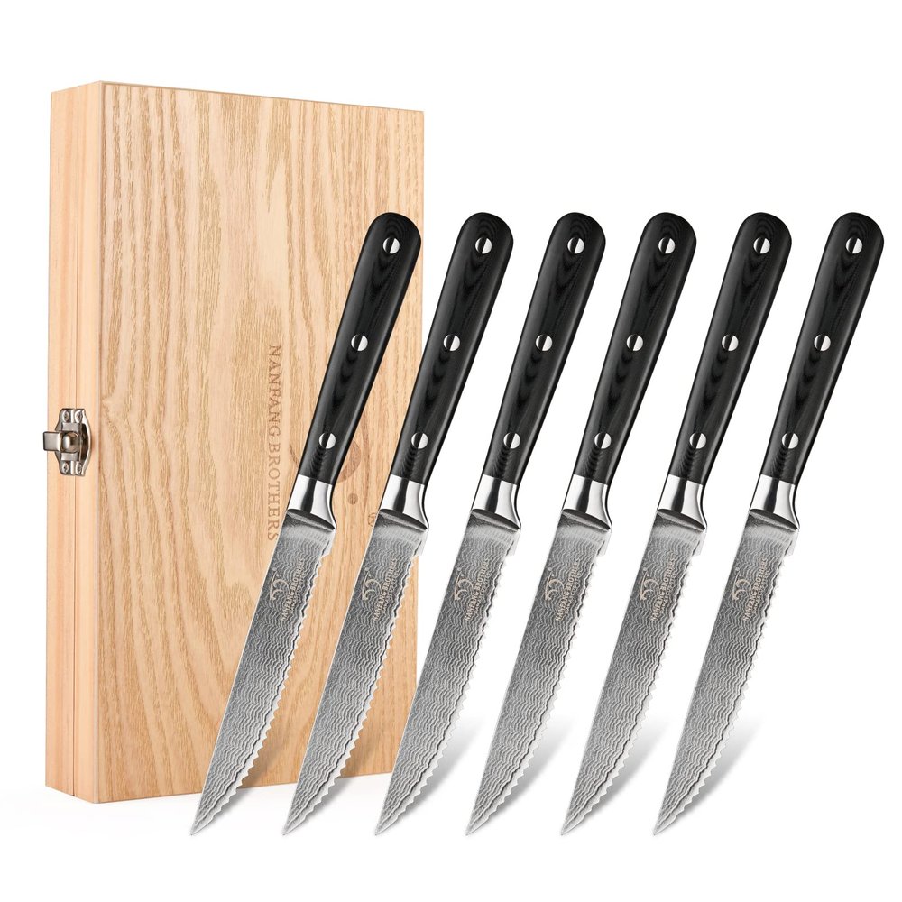 Damascus Serrated Steak Knife Set of 6 with Case, 5 Inch Serrated Steak Knife, 67 Layers Steel Blades Hand-sharpened to 15, Non-slip G10 Ergonomic Triple Rivet Handle for Gift, Natural Wooden Box