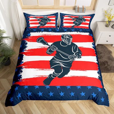 Feelyou Lacrosse Comforter Cover Sports Games Bedding Set for Boys Girls Children Hockey Player Duvet Cover Puck Hockey Blue Red White Star Room Decor Winter Sports Queen Size Quilt Cover 3Pcs