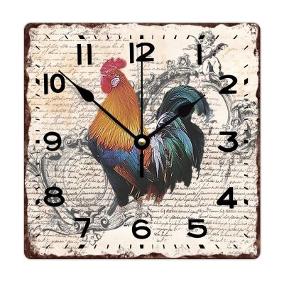 Wood Wall Clock Rusty Farmhouse Rooster and Chicken Quiet Square Wall Clock Shabby Chic Modern Style Wood Clock Wall Hanging Home Decor Clock for Bedroom Bedroom Study 10 Inch