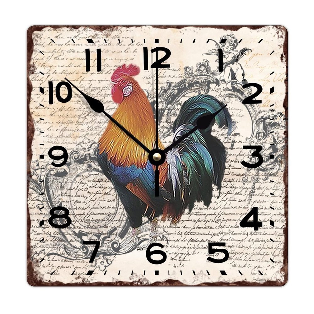 Wood Wall Clock Rusty Farmhouse Rooster and Chicken Quiet Square Wall Clock Shabby Chic Modern Style Wood Clock Wall Hanging Home Decor Clock for Bedroom Bedroom Study 10 Inch