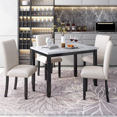 AYTTPG Faux Marble 5-Piece Dining Set, Table with 4 Thicken Cushion Dining Chairs Home Furniture, Modern Simple Dinette Set, Stable and Durable, for Dining Room Kitchen, Easy Assembly, White + Black