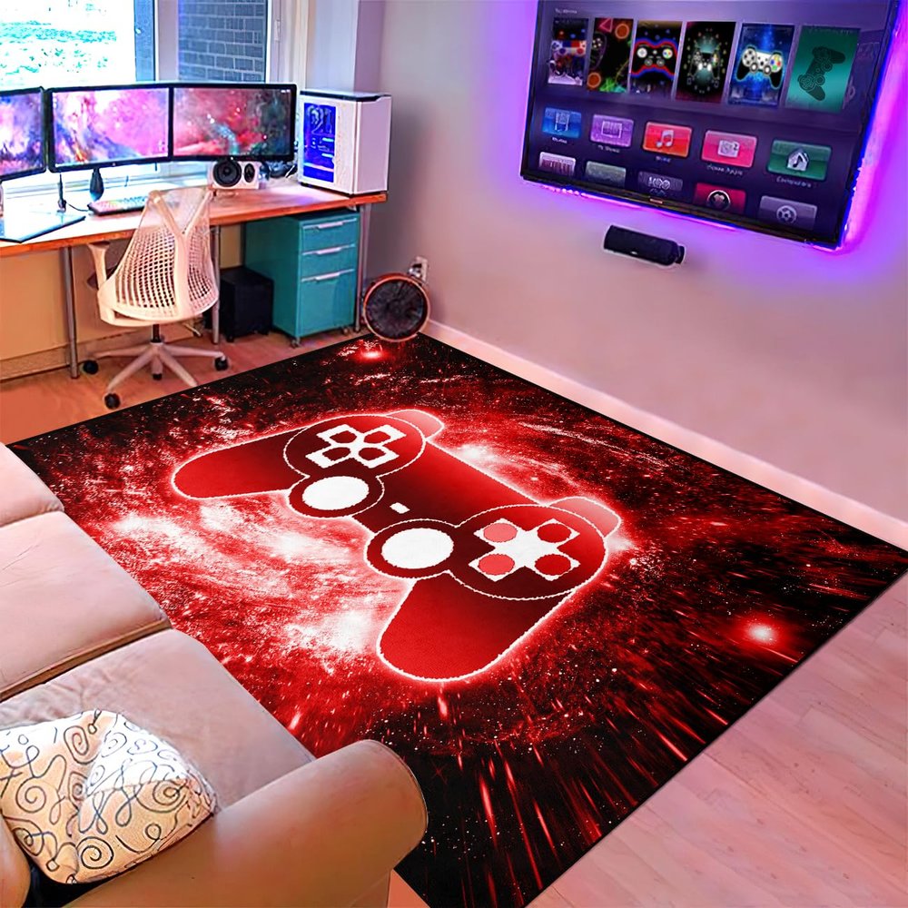 BATATADOCE Video Game Rug, 3D Printed Gamepad Controller Area Rugs for Bedroom Boys Living Room Red Large Cool Gamer Rugs Gaming Art Design Home Decor Crystal Doormat Yoga Mats, 63"x47"