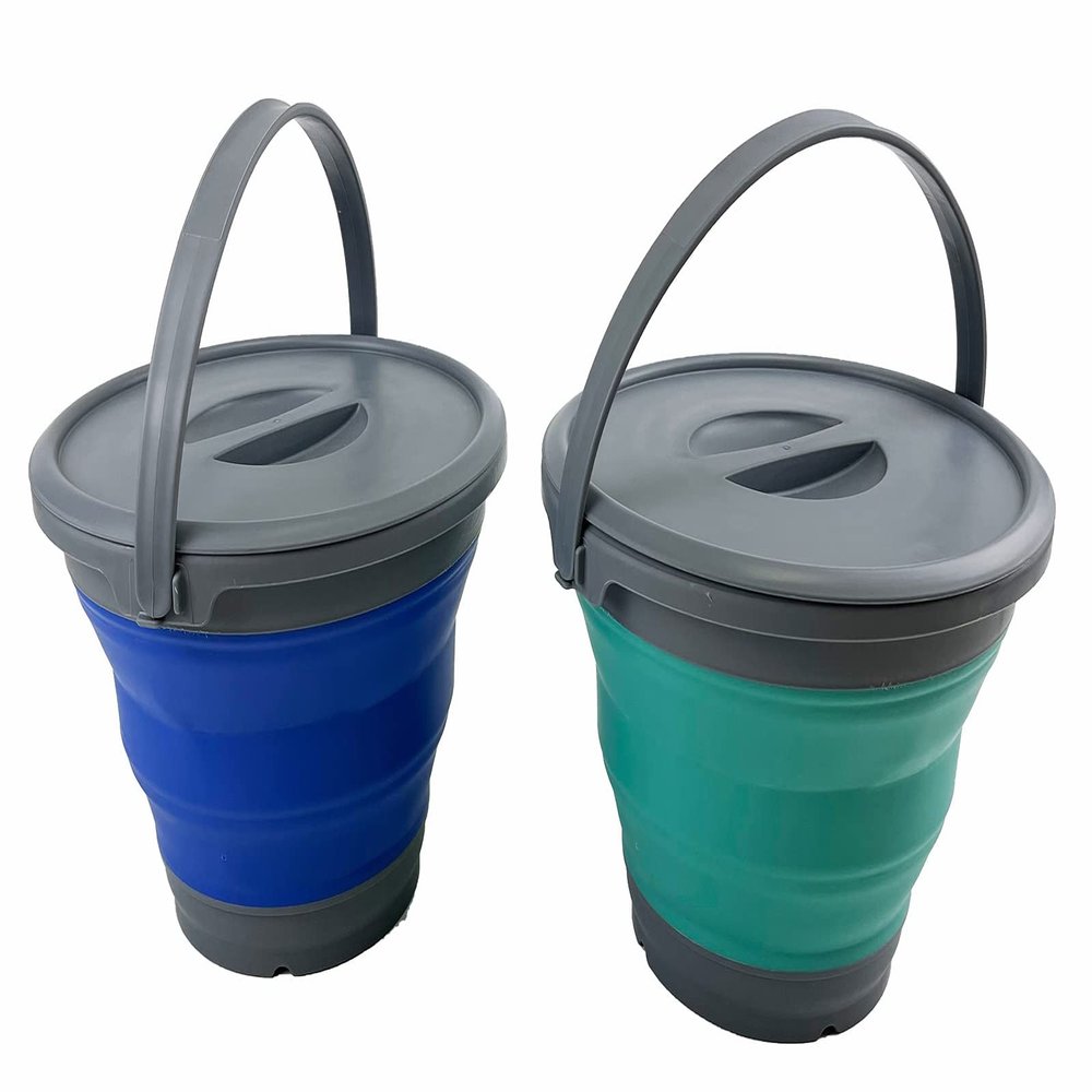 SAMMART 5.5L (1.4 Gallon) Collapsible Plastic Bucket with Lid - Foldable Round Tub with Lid - Portable Fishing Water Pail - Space Saving Outdoor Waterpot. (Purplish Blue +Turquoise Blue)