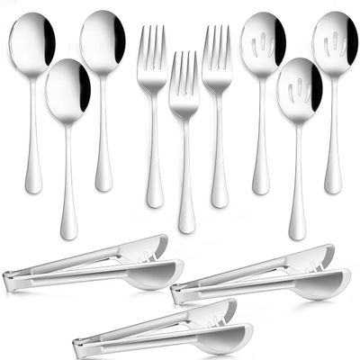 12-Piece Large Serving Utensils Set, E-far Stainless Steel 9.8 Inch Serving Slotted Spoons, 9.9 Inch Fork, 9.4 Inch Tong for Buffet Catering Banquet, Mirror Finish & Dishwasher Safe