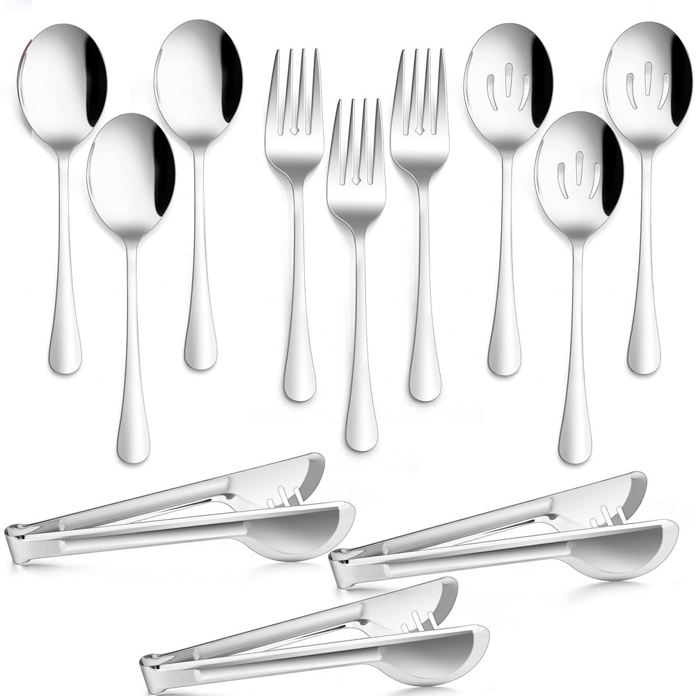 12-Piece Large Serving Utensils Set, E-far Stainless Steel 9.8 Inch Serving Slotted Spoons, 9.9 Inch Fork, 9.4 Inch Tong for Buffet Catering Banquet, Mirror Finish & Dishwasher Safe