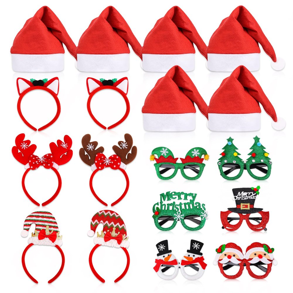 EEOCWF 18 Pcs Christmas Glasses Glitter Headbands Hats Set, Hair Hoop Eyewear Eyeglasses Frame Santa Hat Photo Props for Adults Christmas Party Favors Holiday Photos Booth