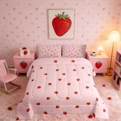 Girls Strawberry Comforter Set King Kawaii Strawberry Comforter for Kids Japanese Style Pink Cute Cartoon Fruit Food Theme Bedding Set Girly White Floral Down Comforter Reversible Soft Lightweight