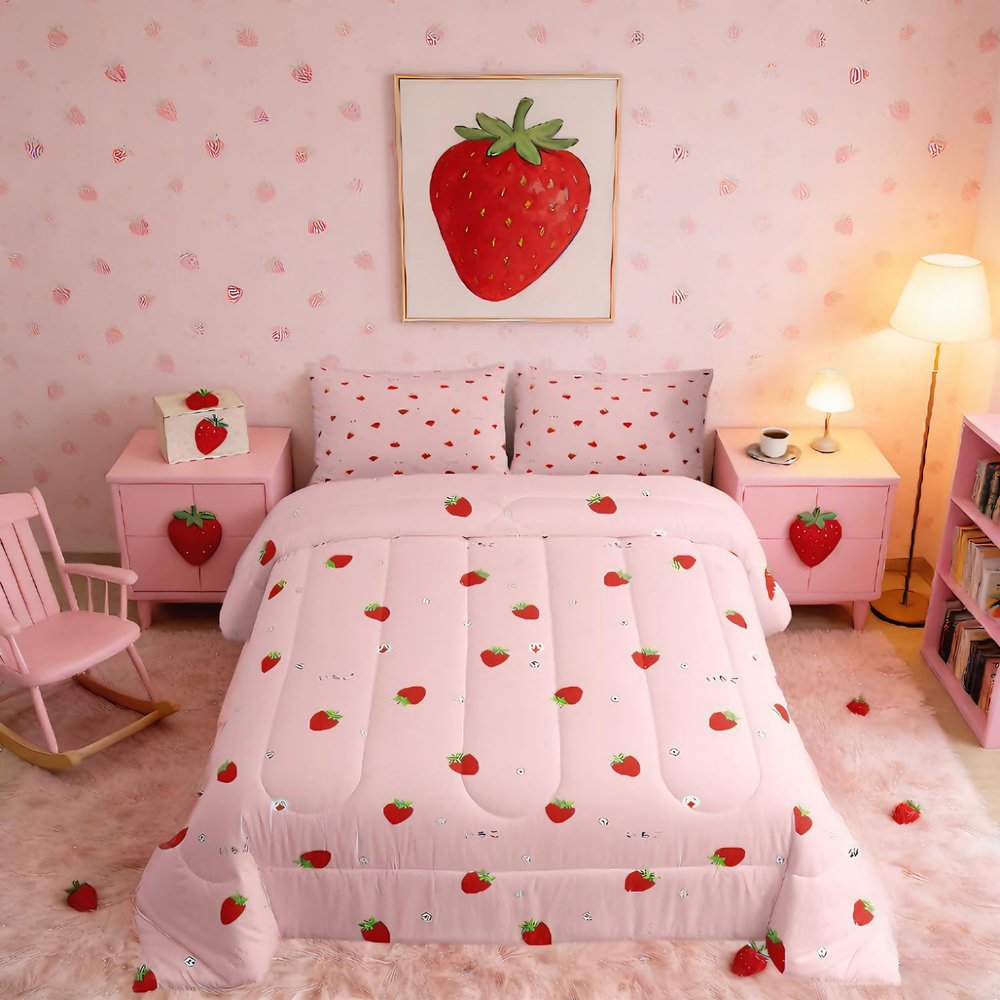 Girls Strawberry Comforter Set King Kawaii Strawberry Comforter for Kids Japanese Style Pink Cute Cartoon Fruit Food Theme Bedding Set Girly White Floral Down Comforter Reversible Soft Lightweight
