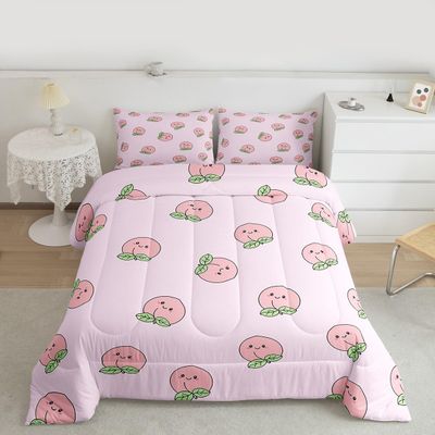 Cartoon Comforter Set King Size Pink Peach Bedding Set Kid Kawaii Down Comforter Girl Lovely Peach Duvet Set Cute Fruits Comforter Tropical Plant Bedding Reversible Soft Lightweight Room Decor