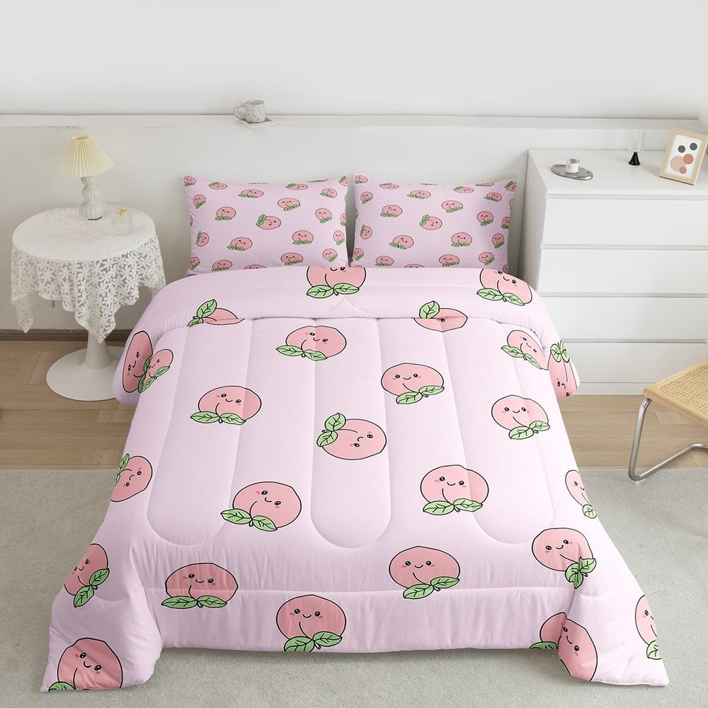 Cartoon Comforter Set King Size Pink Peach Bedding Set Kid Kawaii Down Comforter Girl Lovely Peach Duvet Set Cute Fruits Comforter Tropical Plant Bedding Reversible Soft Lightweight Room Decor