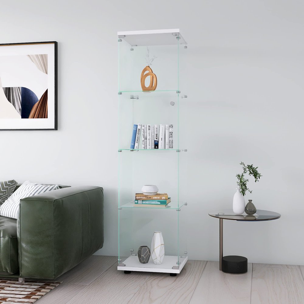 Yoluckea 4 Shelves Glass Display Cabinet with Door, Curio Collection Display Case for Home Office, Floor Standing Bookshelf Corner Cabinet Upgrade Assembly (White)