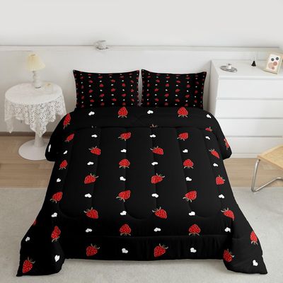 Kawaii Bedding Strawberry Comforter Set King Size Strawberry Decor Down Comforter Red Strawberry Bedding Set Cute Fruits Theme Sweet Strawberry Quilt Set Soft Reversible with 2 Pillowcases, Red Black
