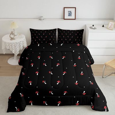 Erosebridal Cute Mushroom Comforter Set King Kid Cartoon Kawaii Reversible Bedding Red Duvet Shaped Lovely Natural Wild Plants Fungus for Room Decor, Black, JCXS5768HJF-BZ_USk