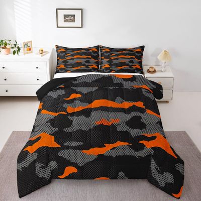 Erosebridal Army Camouflage Comforter Set King Size Teens Adult Camo Bedding Set for Kids Boys Girls Colorful Pattern Decor Down Comforter Orange Black Grey Duvet Set Geometric Pattern Quilt Set