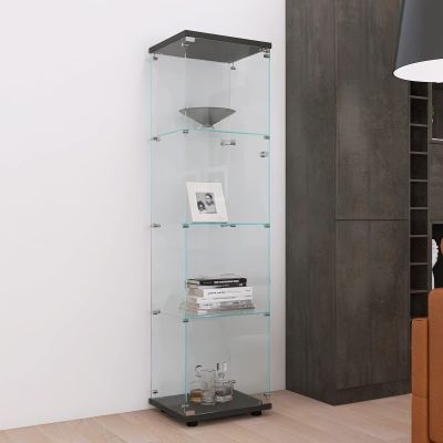 Yoluckea 4 Shelves Glass Display Cabinet with Door, Curio Collection Display Case for Home Office, Floor Standing Bookshelf Corner Cabinet Upgrade Assembly (Black)