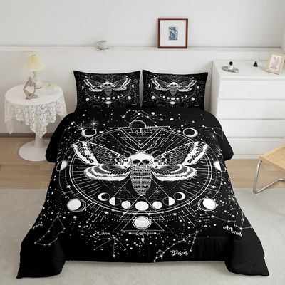 Kids Boho Moth Comforter Set King Boys Gothic Skull Bedding Set for Men Women Bedroom Decor Bohemian Moon Starry Sky Comforter Exotic Moth Skull Skeleton Bones Duvet Set Teens Quilt Set, Black White