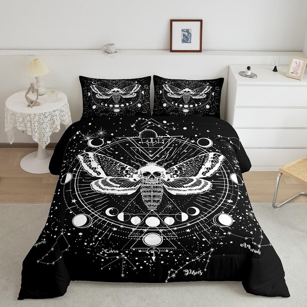 Kids Boho Moth Comforter Set King Boys Gothic Skull Bedding Set for Men Women Bedroom Decor Bohemian Moon Starry Sky Comforter Exotic Moth Skull Skeleton Bones Duvet Set Teens Quilt Set, Black White
