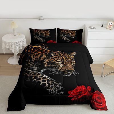 Erosebridal Leopard Comforter Set King Size,Red Rose Cheetah Bedding Set,Cat Leopard Print Down Comforter, Romantic Floral Quilted Duvet, Safari Animal Quilt Set, Stylish Bedroom Decor, Black