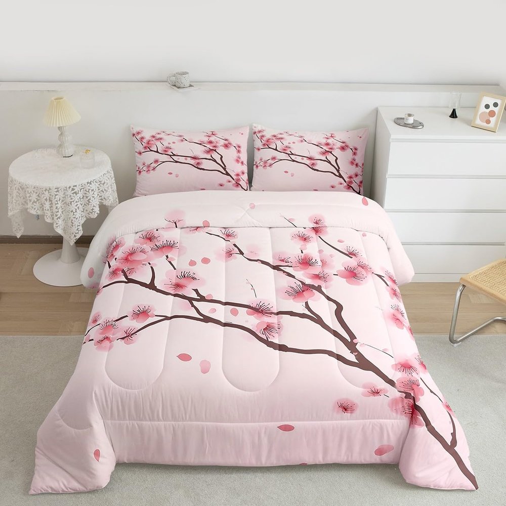 Erosebridal Cherry Blossoms Comforter Set King, Girl Pink Floral Down Comforter, Japanese Spring Bedding Set, Pale Pink Blossom Petal Quilted Duvet,Branch Floral Duvet Set for Women men,Girly Romantic
