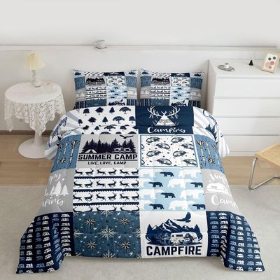 Erosebridal Happy Camping Bedding Set King Size for Boys Kids Teens, Camper Duvet Insert, Rustic Farmhouse Style Comforter Set, Sketch Drawing Camper Bedding, Camping Car Down Comforter, Blue