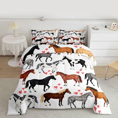 Erosebridal Kawaii Comforter Horse Comforter Set King Farm Bedding Set Kids Boys Girls Cute Animal Duvet Set Cartoon Horses with Pink Lover Heart Bedroom Decor Duvet Set Cowboy Cowgirls Comforter Set