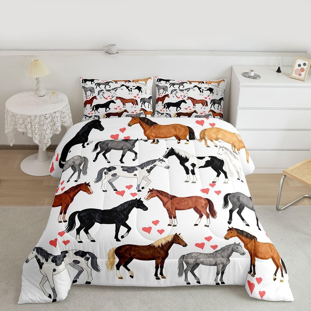 Erosebridal Kawaii Comforter Horse Comforter Set King Farm Bedding Set Kids Boys Girls Cute Animal Duvet Set Cartoon Horses with Pink Lover Heart Bedroom Decor Duvet Set Cowboy Cowgirls Comforter Set