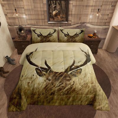 Antler Comforter Set King, Whitetail Deer Down Comforter, Stag Quilted Duvet, Countryside Rural Hunting Theme Comforter Set for Christmas Decorations Bedroom Decor All Season, Ultra Lightweight