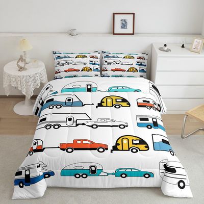 Camper Comforter Set King, Happy Camping Bedding Set for Kids Boys Girls Children, Camping Trailer Travel Car Pattern Bedding Comforters & Sets, Cartoon Car Down Comforter RV Accessories, Colorful
