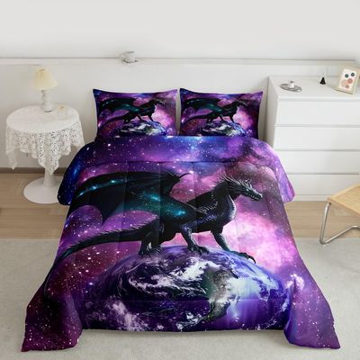 Erosebridal Dragon Bedding Set Purple Nebula Comforter Set King Size Mysterious Outer Space Duvet Set Trippy Bedding Set for Kids Boys Girls Teens Room Decor, Safari Wildlife Animals Quilt Set
