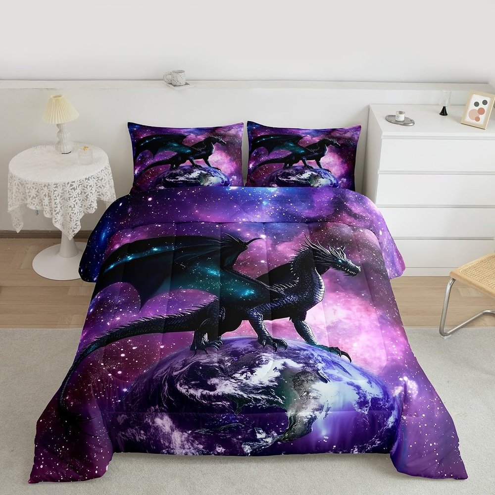 Erosebridal Dragon Bedding Set Purple Nebula Comforter Set King Size Mysterious Outer Space Duvet Set Trippy Bedding Set for Kids Boys Girls Teens Room Decor, Safari Wildlife Animals Quilt Set