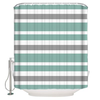 Shower Curtains Concise Green Gray White Stripe Waterproof Polyester Fabric Bath Curtain Set with Hooks for Bathroom Bedroom 72x96 Inch