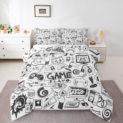Erosebridal Gaming Comforter Set King, Kids Gamepad Cartoon Bedding Set Video Games Gamers Duvet Set Hip Hop Graffiti Quilt Set Racing Car Comforter Set, Black White Printed Bedroom Decor