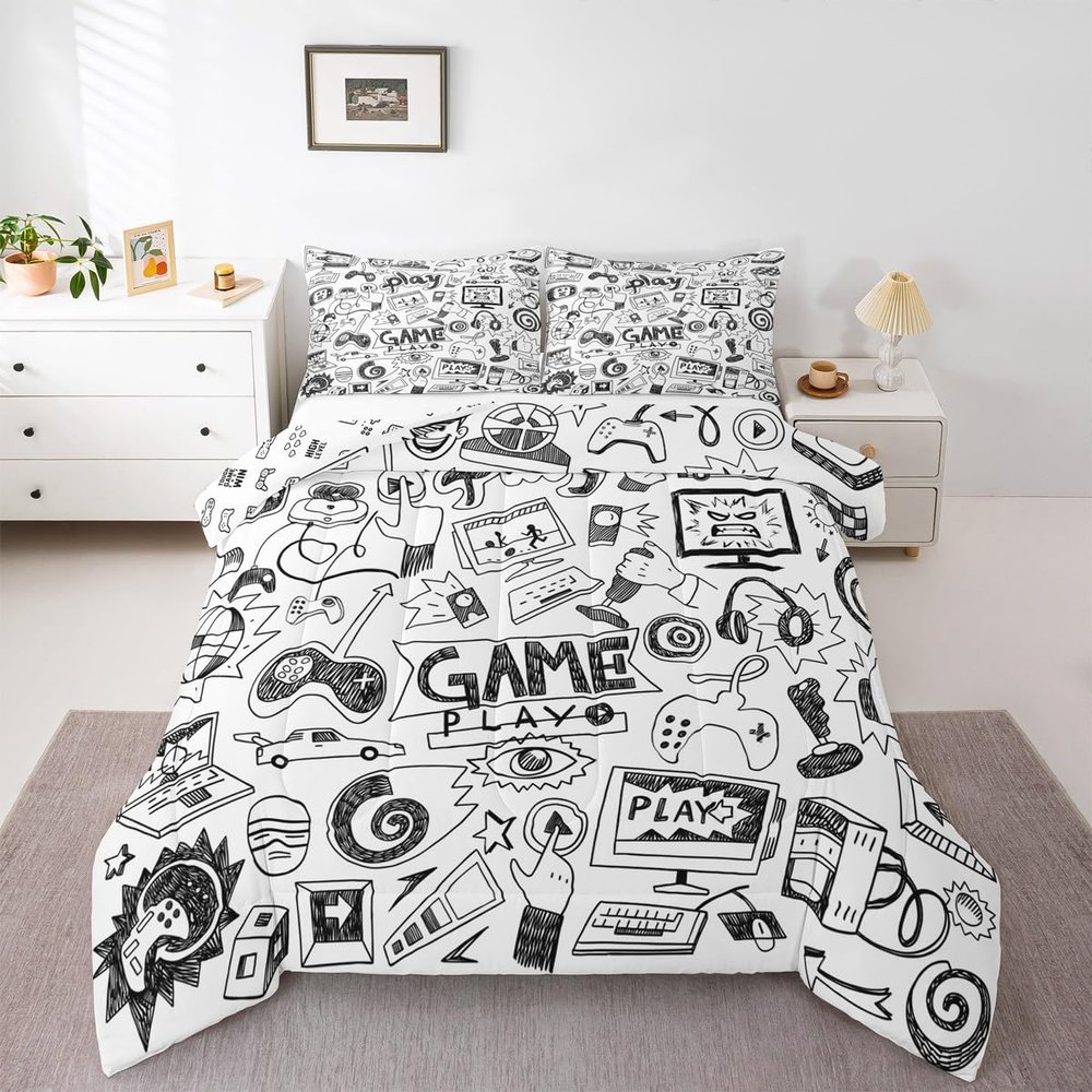 Erosebridal Gaming Comforter Set King, Kids Gamepad Cartoon Bedding Set Video Games Gamers Duvet Set Hip Hop Graffiti Quilt Set Racing Car Comforter Set, Black White Printed Bedroom Decor