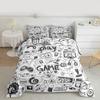 Erosebridal Gaming Comforter Set King, Kids Gamepad Cartoon Bedding Set Video Games Gamers Duvet Set Hip Hop Graffiti Quilt Set Racing Car Comforter Set, Black White Printed Bedroom Decor view 2